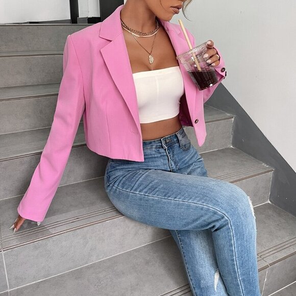 Baby Pink Elegant Women's Lapel Collar Single Button Blazer Workwear - Picture 7 of 7